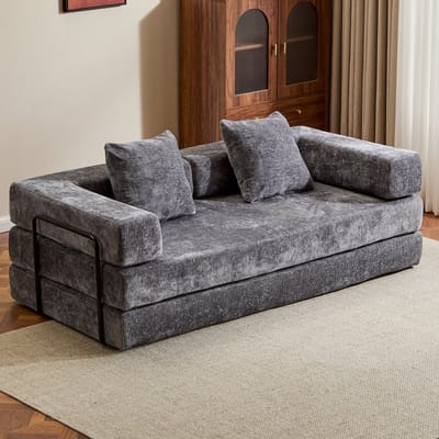 Multifunctionele Chenille Slaapbank – Slaapbank met Vast Frame – Opvouwbaar, Met 2 Kussens en Armleuningen – Comfortabel 4-in-1 Ontwerp – Voor 2 Personen – Bank, Lounger, Logeerbed – Geschikt voor Appartementen of Kleine Ruimtes - Donkergrijs