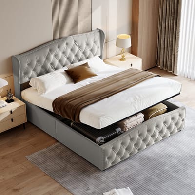 Fluwelen Opbergbed 140x200 Grijs – Gestoffeerd Wingback Bed met Lift Opbergruimte – Tweepersoonsbed met Knopen & Nagelrand – Lattenbodem
