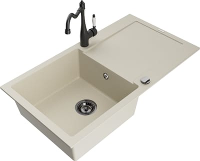Mexen Leo granieten spoelbak 1-kompartement met afdruiprek en keukenkraan Carla, beige - 6501-69-670700-70