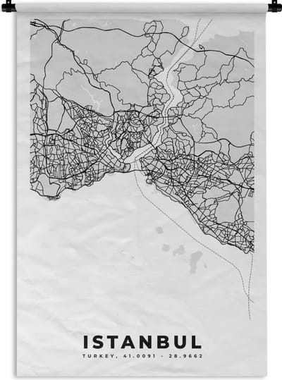 Wandkleed - Wanddoek - Istanbul - Plattegrond - Stadskaart - Zwart Wit - Kaart - 120x180 cm - Wandtapijt