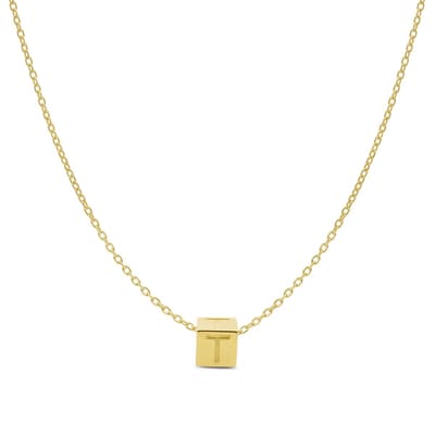 New Bling 9NBG-909T Gouden Letterhanger met Ketting - Letter T - Kubus - 4x4x4mm - Ankerschakel - 0,9 mm Breed - Lengte 38+4+3cm - 14 Karaat - Geelgoud