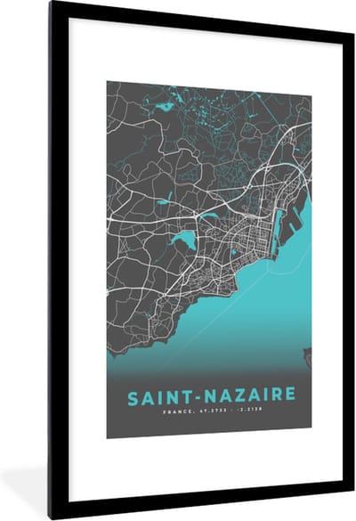 Fotolijst incl. Poster - Frankrijk – Saint-Nazaire – Stadskaart – Plattegrond – Kaart - 80x120 cm - Posterlijst