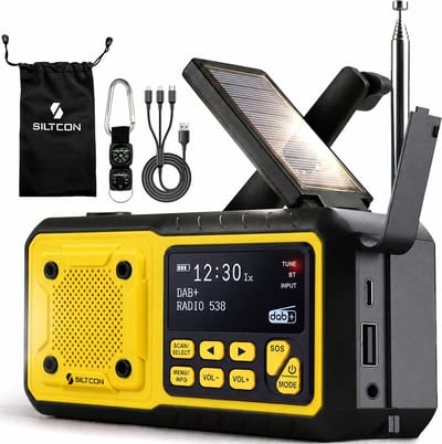 Siltcon® Noodradio Solar Opwindbaar - Solar Powerbank - 5000mAh - Radio DAB+/FM - Radio Noodpakket & Kamperen - Bluetooth + AUX - USB-A - USB-C - Zaklamp + SOS - Weeralarm - Thermometer - Compass - Incl. Oplaadkabels Telefoon & Waterdichte opberghoes