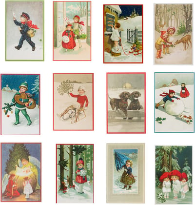 Nostalgische kerstkaarten - 12 stuks - Franz Josef - Klassieke Vintage afbeeldingen - Winter - Sneeuw - Feestelijk - Jaarwisseling - Oude Brocante kerstkaarten