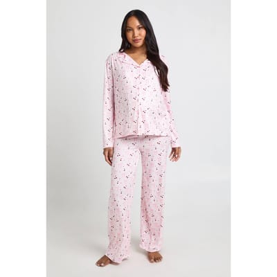 boohoo Dames Zwangerschaps Pyjama Set Met Strik En Hartjesprint Lange Mouwen Shirt & Broek | Pink | Maat: 8