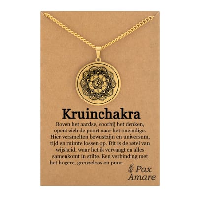Kruin Chakra (Sahasrara) Ketting op Cadeau Kaartje - Goudkleurig Talisman - Roestvrij Staal - Spiritueel Cadeau - Pax Amare