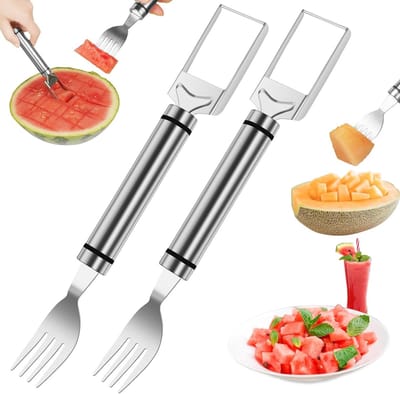 2 in 1 Watermeloen Slicer en Fruit Cutter, RVS Snijgereedschap met Dubbele Hoofd, 2 Stuks voor Perfecte Sneden