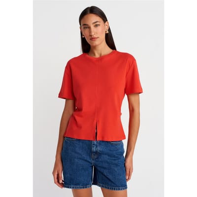 Dames Katoenen Crew Neck T-Shirt Met Splits
