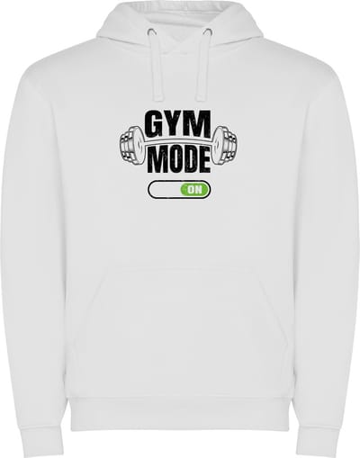 Witte unisex hoodie met “ Kleurrijke Gym Mode ON – Bodybuilden – Dumbell - Sport – Zet Door – Niet opgeven “ Print Full Color merk Roly maat 3XL