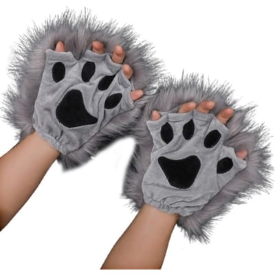 1 paar Puffy Paw-handschoenen Halfvingerwanten Anime Lolita Gothic Harig accessoire voor dierenrollenspel Lange vacht Wolfpoten One Size gray