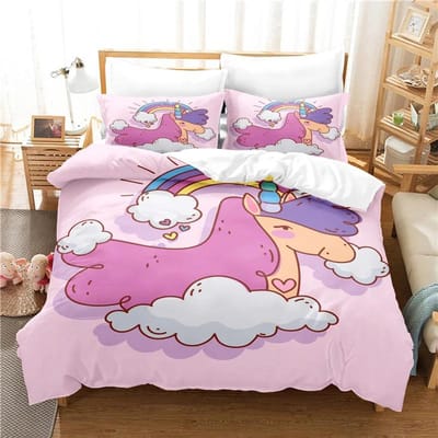 Kinderbeddengoed Met Bed 3D Print Roze Droom Eenhoorn Dekbedovertrek Set Meisje Jongen Cartoon Dekbed Beddengoed Sets Slaapkamer Dekbedovertrek Eenpersoons EU single(135x200cm)