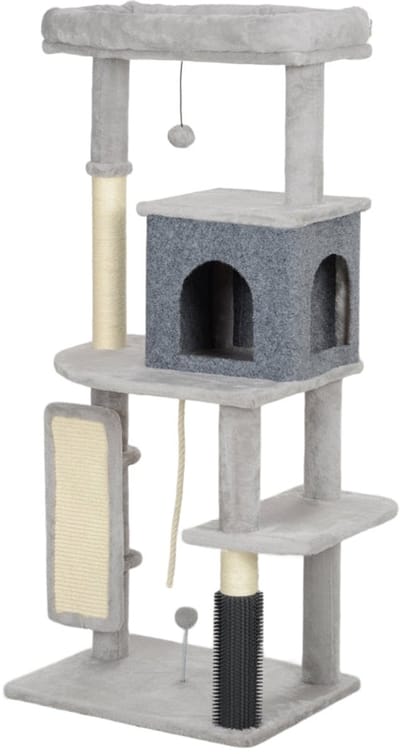 Merax Krabpaal 132 cm – Kattenboom met Krabpalen Kattenhuis Ligbed Sprongplatformen en Verzorgingsborstel – Lichtgrijs – 55x44 cm