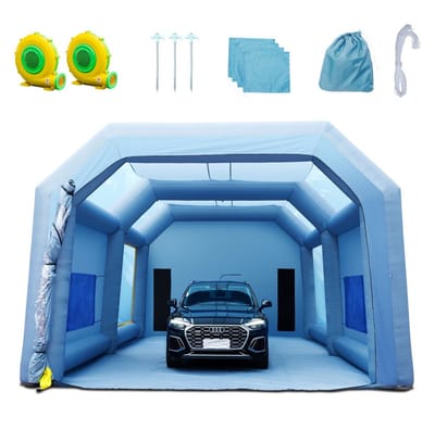 Opblaasbare Autospuitcabine - Draagbare Spuittent - Afmeting 10 x 6 x 4 m - Twee Blowers 1100W + 950W - Materiaal 210D Oxford-stof - Voor Doe-het-zelf & Professioneel - Blauw