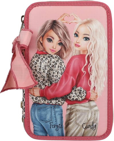 Gevuld 3-Vaks Etui Meisjes Roze Rood met Leo Print en Complete Tekenset