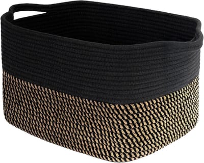 Geweven Mand met Handvat, Katoenen Koord Wasmand, Gevlochten Mand voor Planken, Woonkamer, Kinderkamer, Badkamer, 34 x 28 x 24 cm, Jute & Zwart