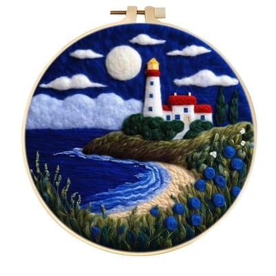 Naaldviltenset voor beginners, vuurtorenlandschap zee inclusief wolvilt benodigdheden, borduurringen, mooie wol schilderen en naaldvilten gereedschappen (vuurtoren)