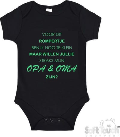 100% katoenen Romper "Voor dit rompertje ben ik nog te klein maar willen jullie straks mijn opa & oma zijn" Unisex Katoen Zwart/mint Maat 56/62