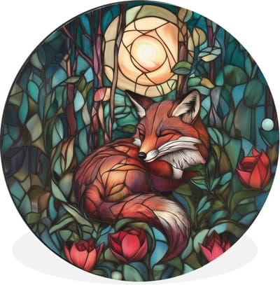WallCircle - Wandcirkel - Muurcirkel - Vos - Mozaïek - Bos - Maan - Aluminium - Dibond - 30x30 cm - Binnen en Buiten