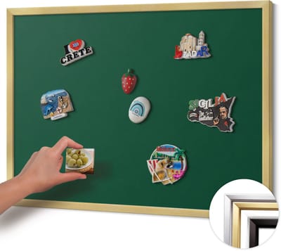 Wallfluent - Groente Magneetbord in Stijlvolle Kleuren - 80 cm x 60 cm - Magneetbord met Gouden Frame - Donkergroene kleur - Magnetisch Bord Foto Bevestiging - Magnetisch Bord Muurbevestiging - Design Magneetbord met Frame