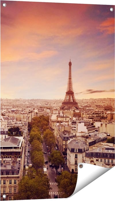 Gards Tuinposter Skyline Parijs met Eiffeltoren - 60x90 cm - Tuindoek - Tuindecoratie - Wanddecoratie buiten - Tuinschilderij