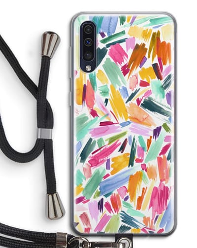 Hoesje met koord geschikt voor Samsung Galaxy A50 hoesje met Koord - Watercolor Brushstrokes - Telefoonhoesje met Zwart Koord - Bescherming aan alle Kanten en Over de Schermrand