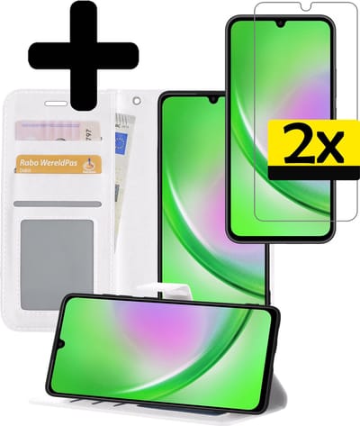 Hoesje - Met 2x Screenprotector - Geschikt voor Samsung Galaxy A34 - Luxe Pasjeshouder - Bookcase Portemonee - Flip Case - Kunstleer Book Case - Flipcase Hoes - Book Cover - Walletcase - Portemonneehoes - Telefoonhoesjes - Wit