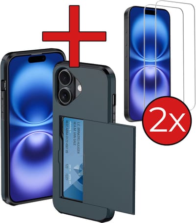 Hoesje Geschikt voor iPhone 16 Hoesje Met Pasjeshouder Hard Case Met Kaarthouder Met 2x Screenprotector - Hoes Geschikt voor iPhone 16 Hoesje Pashouder Case - Donkerblauw