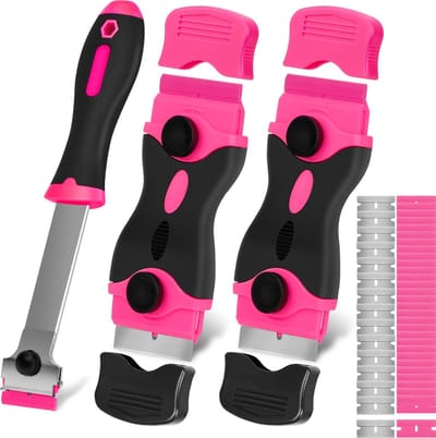 3 stuks glazen kookplaatschrapers met 30 reservemesjes voor schrapers, multifunctionele reiniging, voor etiketten, stickers, stickers, glaskleur (roze - dubbele kop)