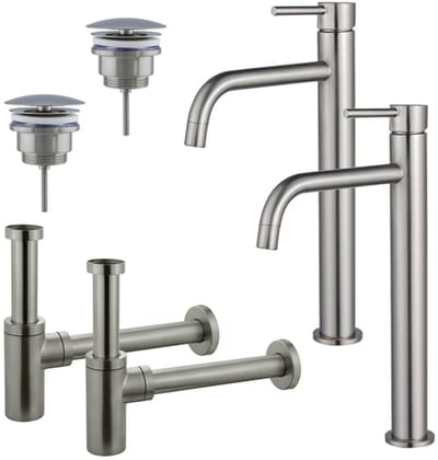 FugaFlow Eccelente Sobrado Badkamer Slim Wastafelkraanset - voor dubbele wastafel - verhoogde wastafelkraan - always open plug - design sifon - PVD Geborsteld RVS