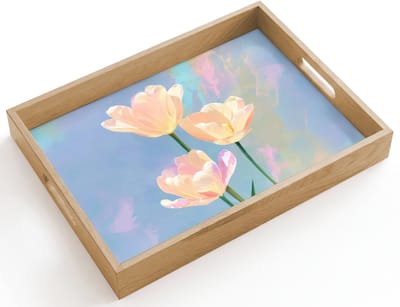 Dienblad hout 40x30 cm - Schootdienblad - Tulpen - Roze accenten - Blauw - Borrelplank rechthoek - Plateau dienbladen