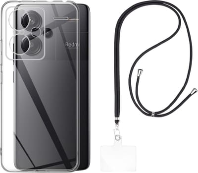 Set met hoesje en nekband voor xiaomi redmi note 13 pro plus 5g - Flexibele, transparante TPU-bescherming, verstelbare universele nekband voor mobiele telefoons, zwarte nekband, transparante draagriem van Phonillico®