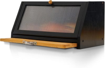 Famanu - Broodtrommel met snijplank houten broodmand dozen opslag brooddoos bamboe opbergdoos voor brood zout en pepermolen 39 x 25 x 20 cm (l x b x h) zwart | Luxe opberger, modern design voor keuken en dagelijks gebruik