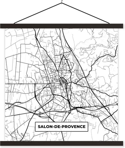 Posterhanger incl. Poster 60x60 cm - Schoolplaat - Frankrijk - Plattegrond - Stadskaart - Kaart - Salon-de-Provence - Zwart wit - Textielposter - Zwarte latten - Stadskaart