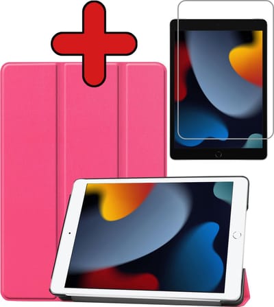 Hoesje - Geschikt voor Apple iPad 9 (2021) - 10.2 inch - 9e Generatie - Met Screenprotector - Hardcover Book Case - Trifold Bookcase Hoes - Hard Cover - Tablethoes - Roze