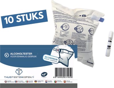 Alcoholtester 10 stuks wegwerp ademtester blaastest geschikt voor Frankrijk  NF keurmerk  chroomvrij - voldoet aan de LAATSTE Franse kwaliteitsnorm - blaastest
