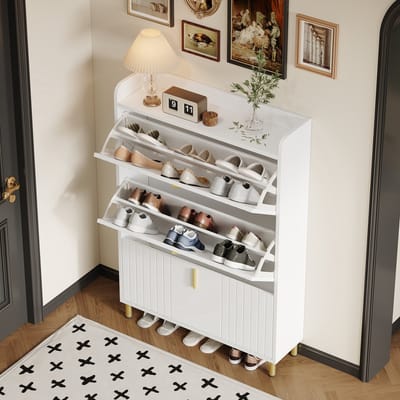 Schoenenkast - 80x23.5x123.5 cm - Met 3 Kleppen 6 Vakken En Anti-Kip - MDF - Wit