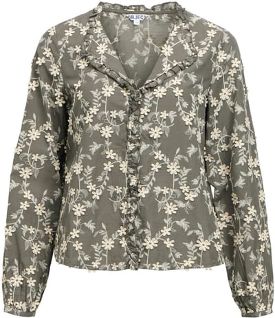 Object Blouse Objkarli L/s Re Shirt Noos 23049209 Gunmetal/sandshell Embroidery Dames Maat - W36