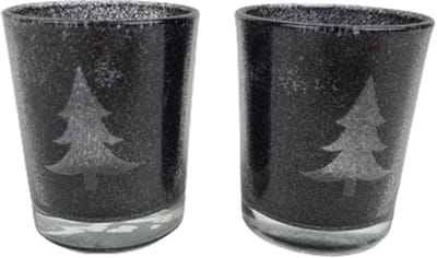 Waxinelichthouder Glitter Kerstboom - Zwart - Glas - Kerst - Ø 6 x 7 cm - Set van 2 - Waxinelichthouder – Waxinelicht – Gezellig – Sfeer – Kerst – Feestdagen – Licht – Wintertijd – Herfst – Thuis – Woonkamer – Interieur – Decoratie