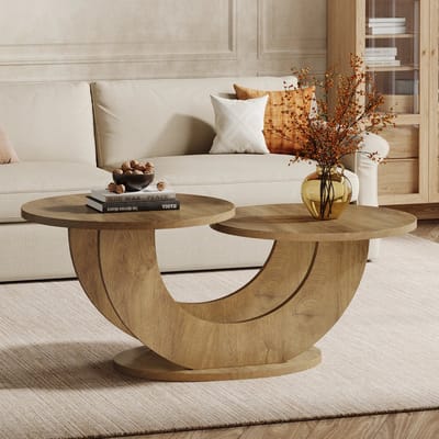 QUESTYR Luxe Ronde Salontafel – 70 cm – Modern Design – Houten Tafelblad met U‑Vormig Metaalframe – Stijlvolle Woonkamertafel