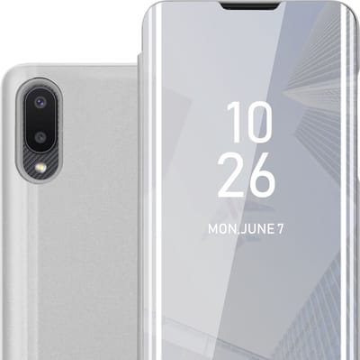 Cadorabo Hoesje geschikt voor Samsung Galaxy A02 / M02 in AGAAT ZILVER - Clear View Spiegel Beschermende Case met Tribunefunctie 360 Graden Bescherming Book Case Cover Etui