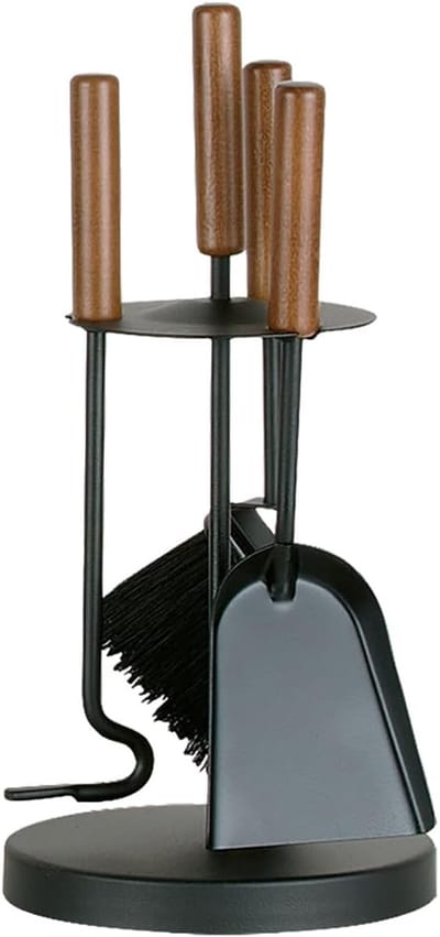 Kleine open haard met houten handgrepen - Zwart gecoat 4-delig