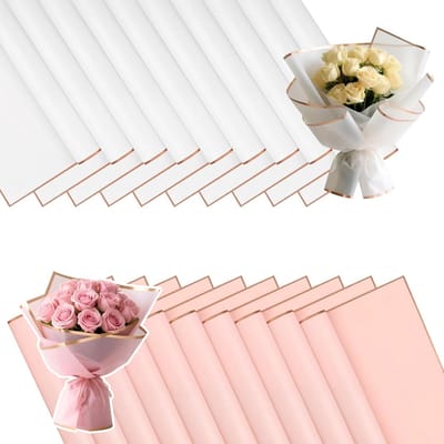 20 Vellen Bloemrijk Cadeaupapier - Waterdicht Plastic Folie met Gouden Rand, Perfect voor Cadeauverpakking, Bloemkunst en Knutselen (Roze en Wit, 58x58cm)