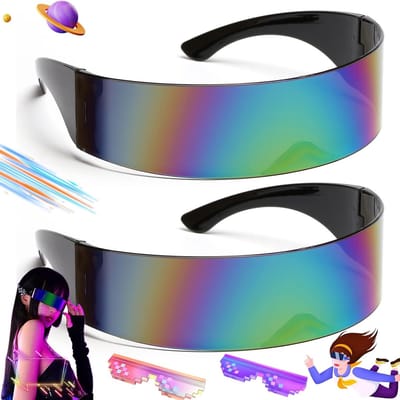 2x Futuristisch Zonnebril Smal Cyclops Feestbril Kleurrijk Spiegelglas