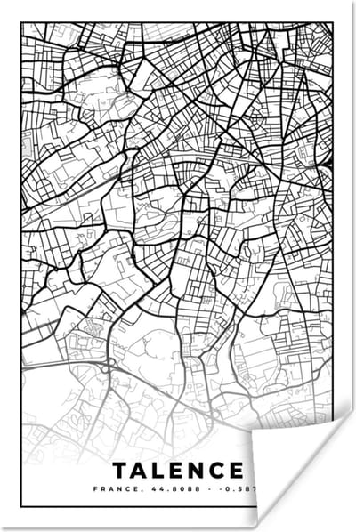Poster Talence - Kaart - Plattegrond - Frankrijk - Stadskaart - Zwart wit - 120x180 cm XXL