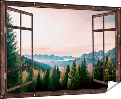 Gards Tuinposter Doorkijk Bos met Bomen bij Bergen Landschap - 180x120 cm - Tuindoek - Tuindecoratie - Wanddecoratie buiten - Tuinschilderij