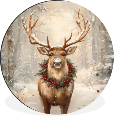 WallCircle - Wandcirkel - Muurcirkel - Kerst - Rendier - Winter - Krans - Aluminium - Dibond - 140x140 cm - Binnen en Buiten