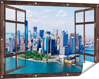 Gards Tuinposter Doorkijk New York Als een Eiland vanuit de Lucht - 120x80 cm - Tuindoek - Tuindecoratie - Wanddecoratie buiten - Tuinschilderij