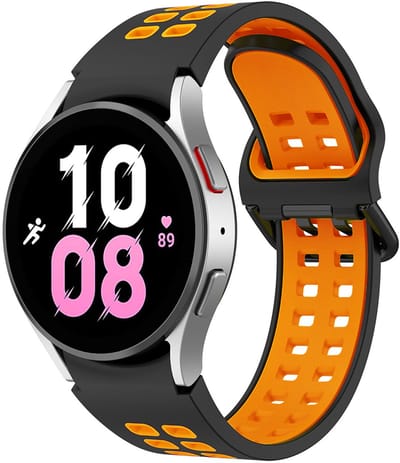 Stravo Naadloze Hoekverbinding en Bicolor Ontwerp - Zwart/oranje - Vervangende Siliconen Horlogebandje 20mm voor Samsung Galaxy Watch 7 (40mm & 44mm), Galaxy Watch 6 (Classic), Galaxy Watch 5 (Pro), Galaxy Watch 4 (Classic) - Sarmt Watch Bandje