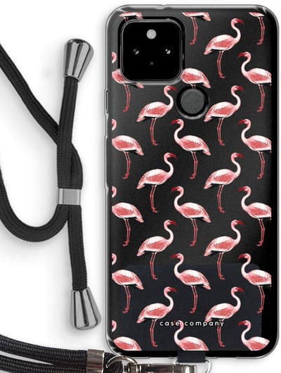 Case Company® - Hoesje met koord geschikt voor Google Pixel 5 hoesje met Koord - Flamingo - Telefoonhoesje met Zwart Koord - Bescherming aan alle Kanten en Over de Schermrand