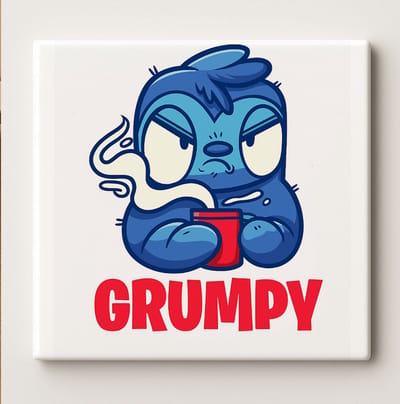 Grumpy Keramische Tegel 15x15 cm – Grappig Blauw Personage met Koffie Ontwerp – Humoristische Wanddecoratie & Perfect Cadeau voor Koffieliefhebbers